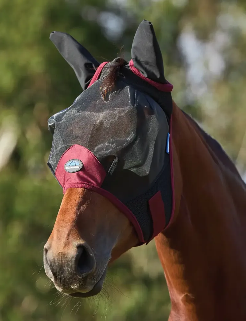 WeatherBeeta ComFiTec Fine Mesh Fly Mask With Ears -  Black/Burgundy 