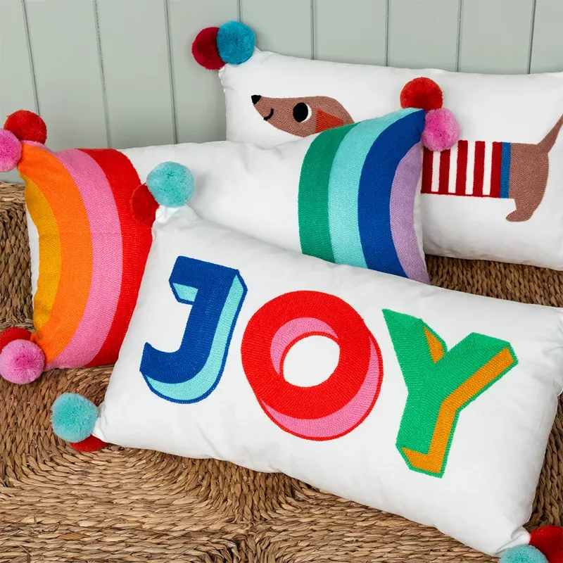 Rex Embroidered Cushion with Pom Poms - Sausage Dog-2
