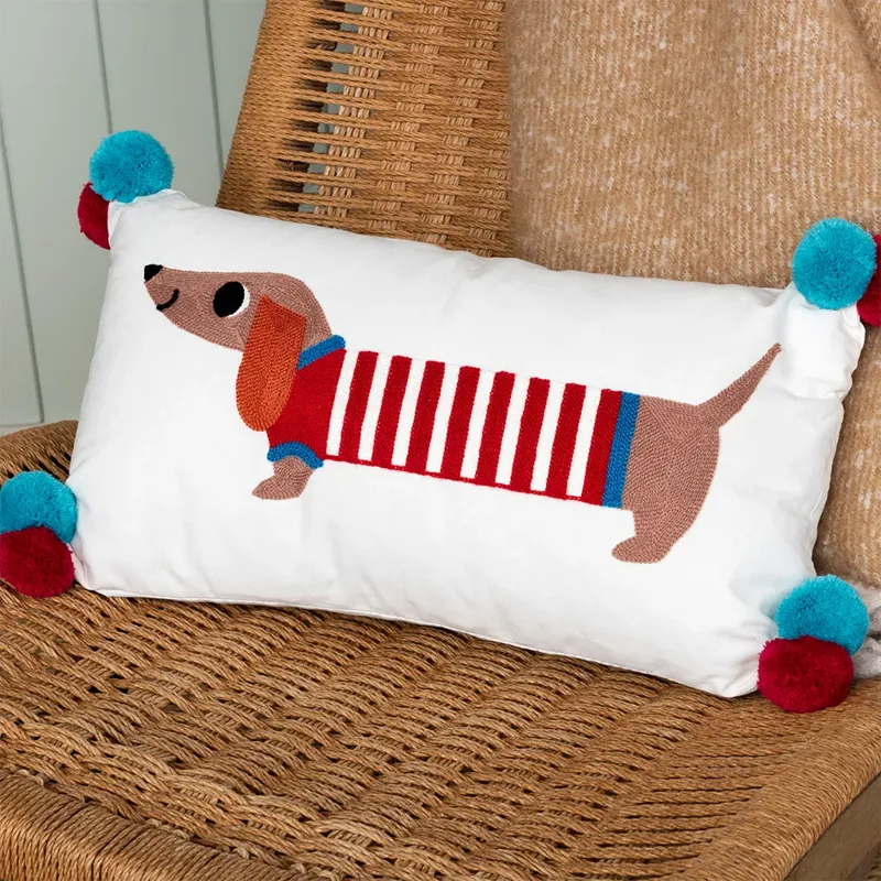 Rex Embroidered Cushion with Pom Poms - Sausage Dog