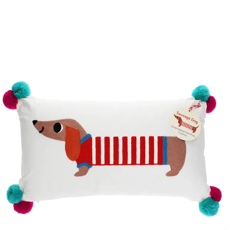 Rex Embroidered Cushion with Pom Poms - Sausage Dog-1