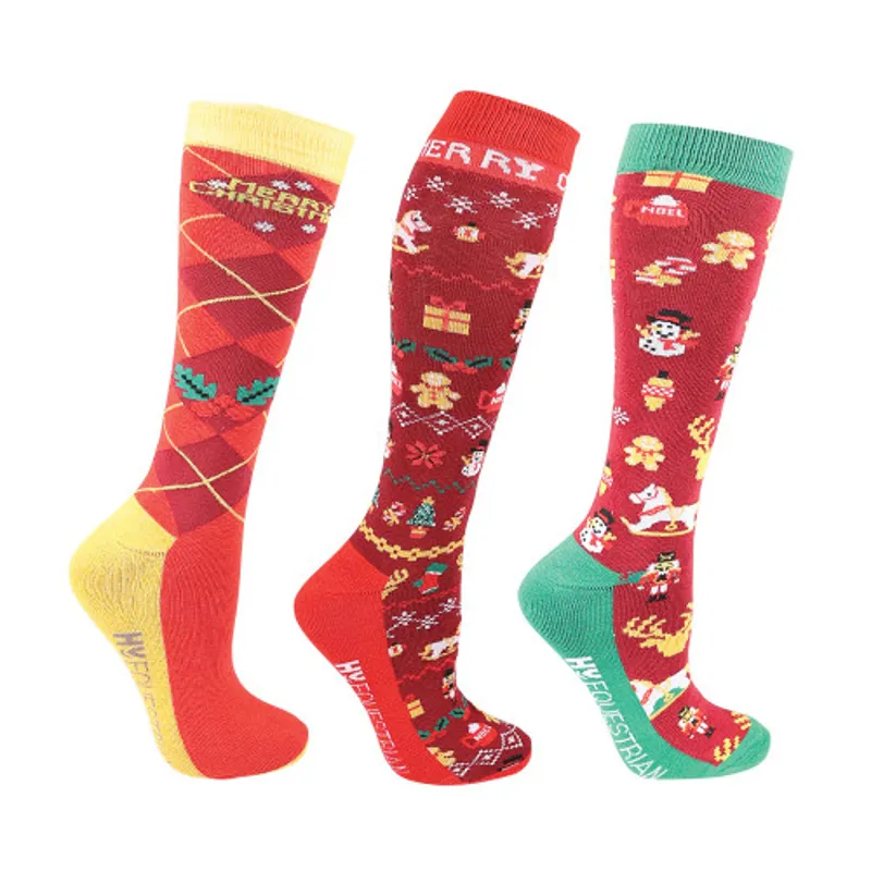 Hy Equestrian Christmas Cross Stitch Socks Pack Of 3 -Adult 4- 8 Red/Green/Gold adult 4-8