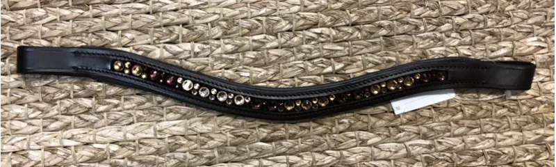 Elano Crystal Wave Browbands - Brown Leather - Gold/Crimson Purple