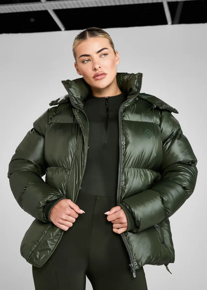 Aztec Diamond Heavy Quilted Short Puffer Forest Green-1