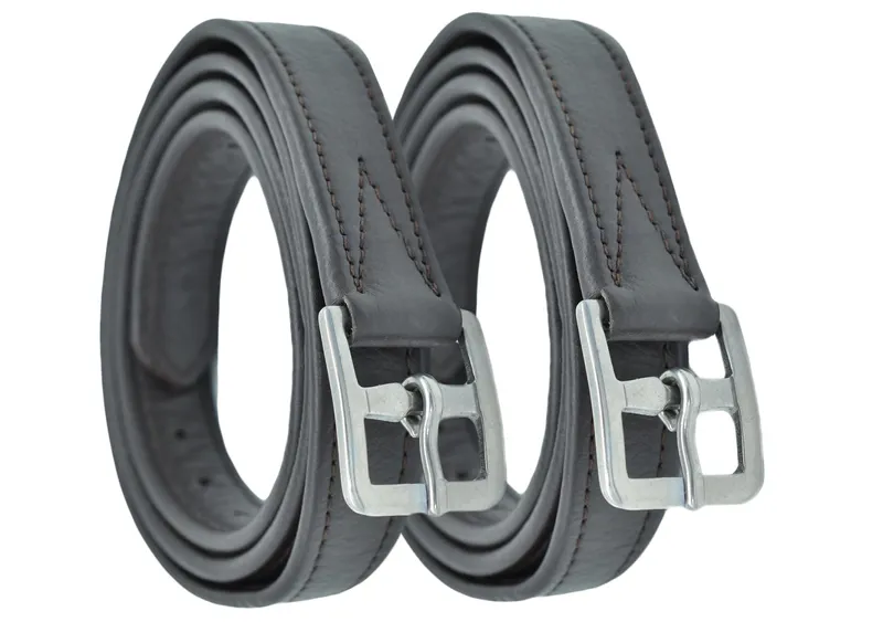 Dever Platinum Curved Buckle Hide Covered Stirrup Leathers - Black