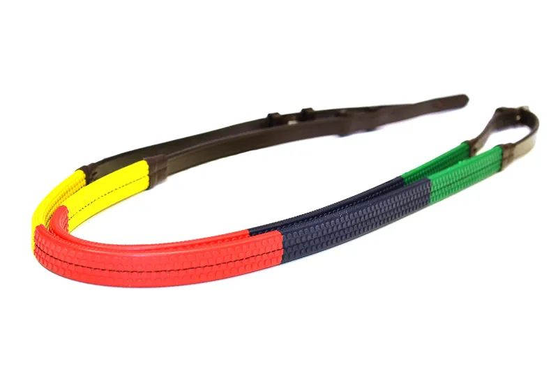 Ascot Rubber Grip Reins Rainbow Colour- Pony Size - Brown Leather 