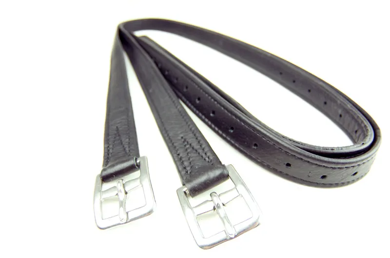 Dever Platinum Curved Buckle Hide Covered Stirrup Leathers - Black-1